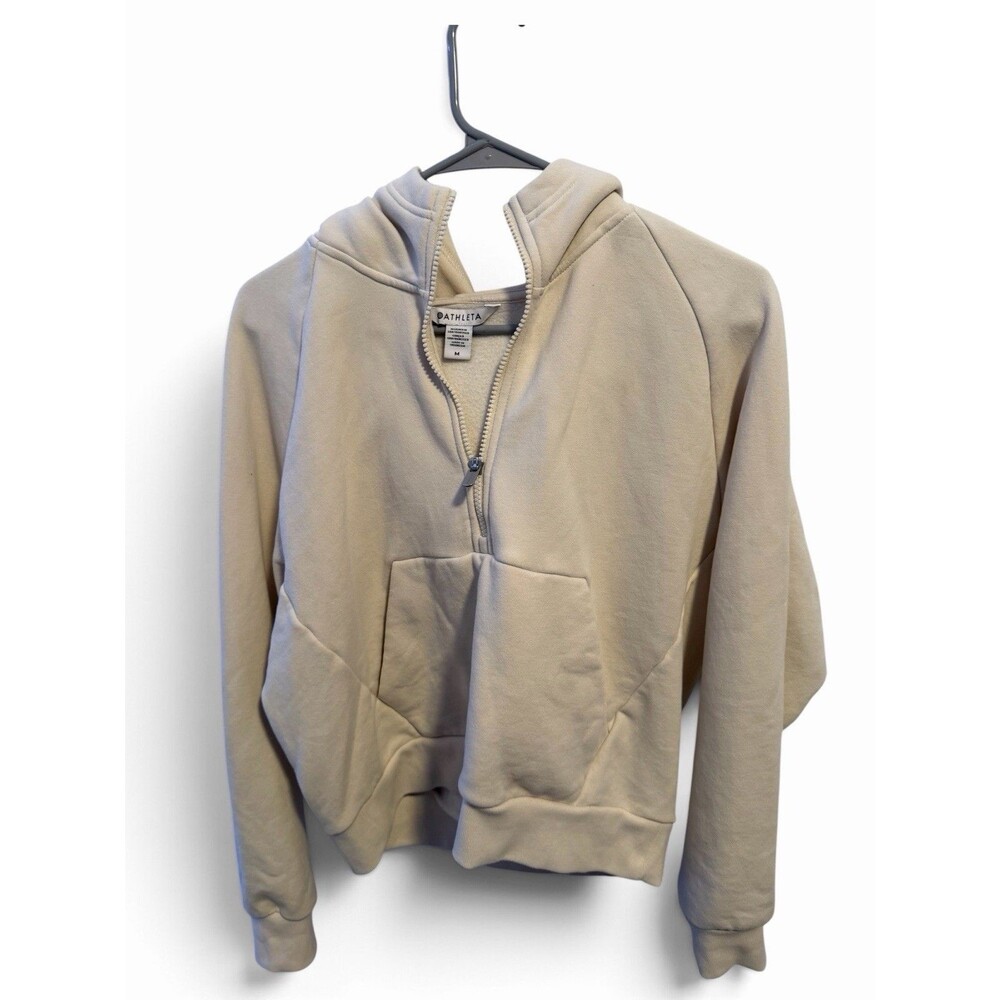 Athleta Women’s Beige Half Zip Fleece Hoodie M Regular Long Sleeve Pockets Logo